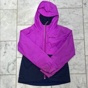 Columbia Magenta and Dark Blue Hooded raincoat. Little stained on end of sleeves